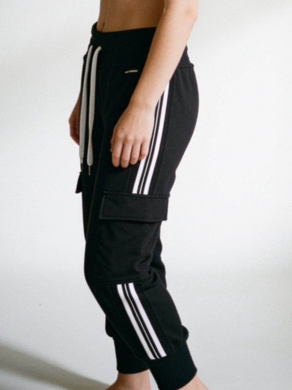 Dkny Black Jogger Cargo Pants with White Stripe Detail